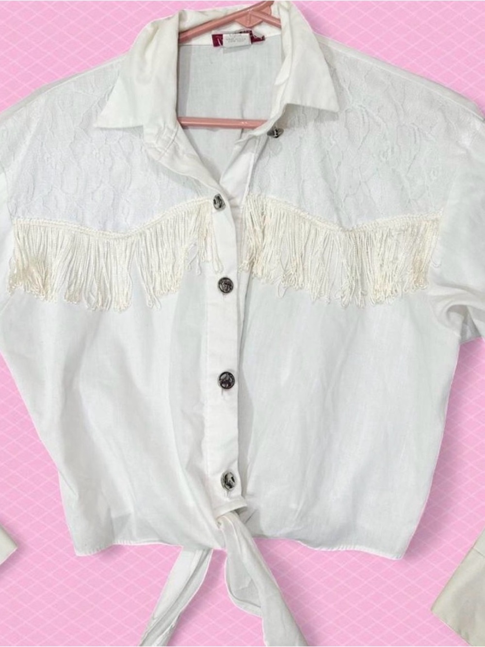 Women’s White Fringe Tie-Front Button-Up Blouse